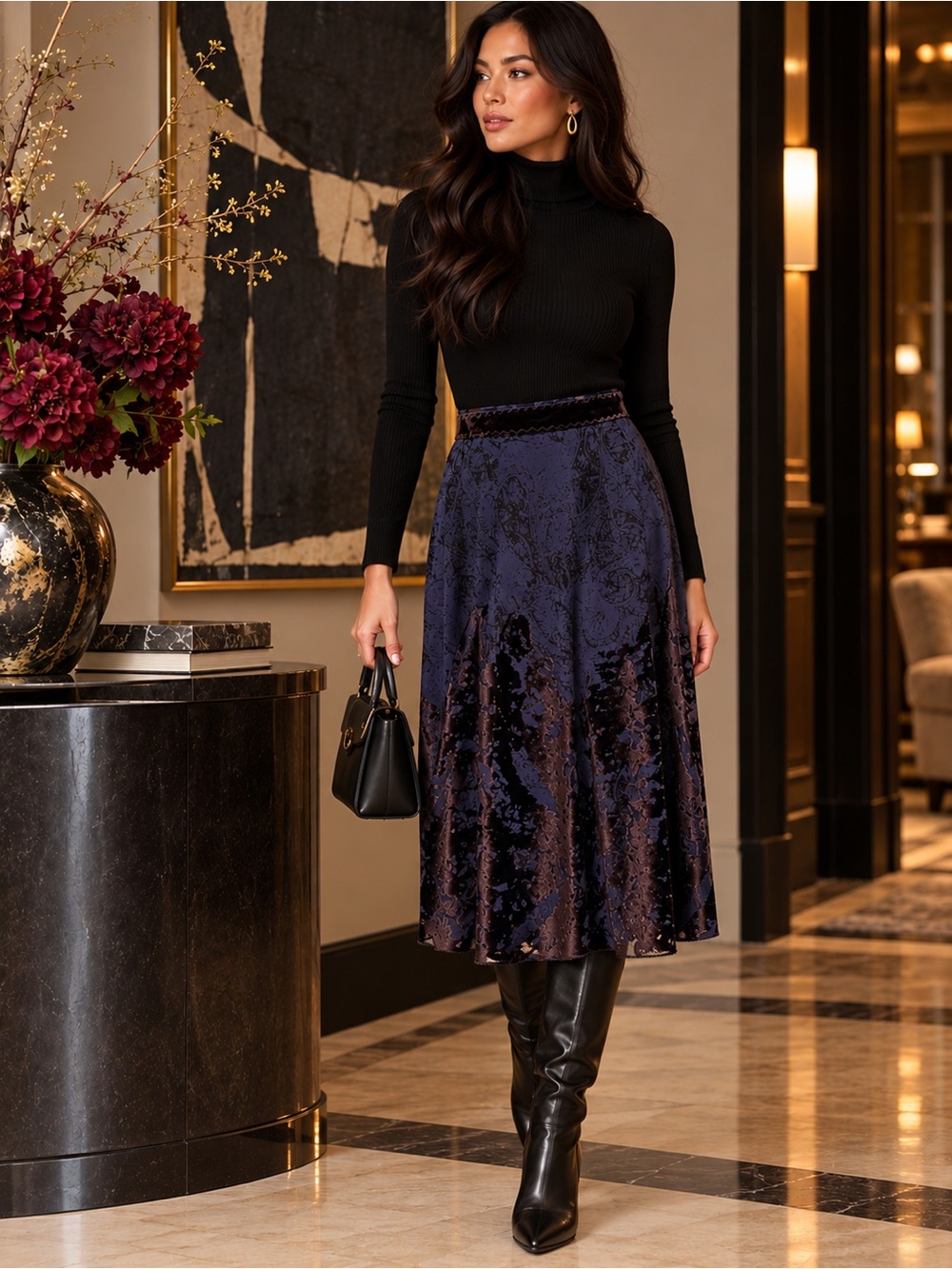 Elie Tahari Silk Blend Burnout Velvet Midi Skirt Blue Purple | Size 6